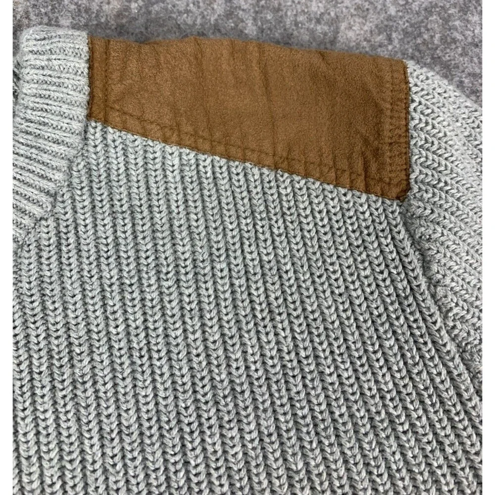 J Crew Chunky Ribbed Knit Crewneck Sweater Gray Mens Large Suede Patch Woodsman